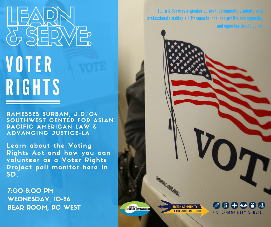 Hear from UCSD Alumni, Attorney Ramesses Surban, about the Voting Rights Act and how you can volunteer as a Voter Rights Project poll monitor.
