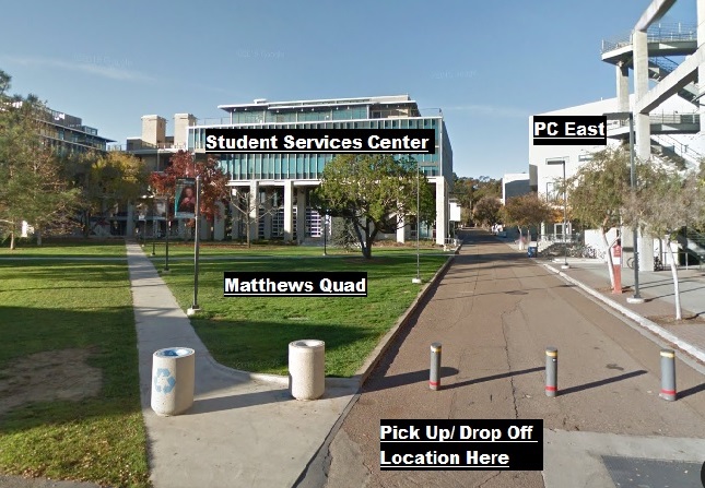Photo identifying pick up and drop off locations for CST Vans (Mathews Quad)